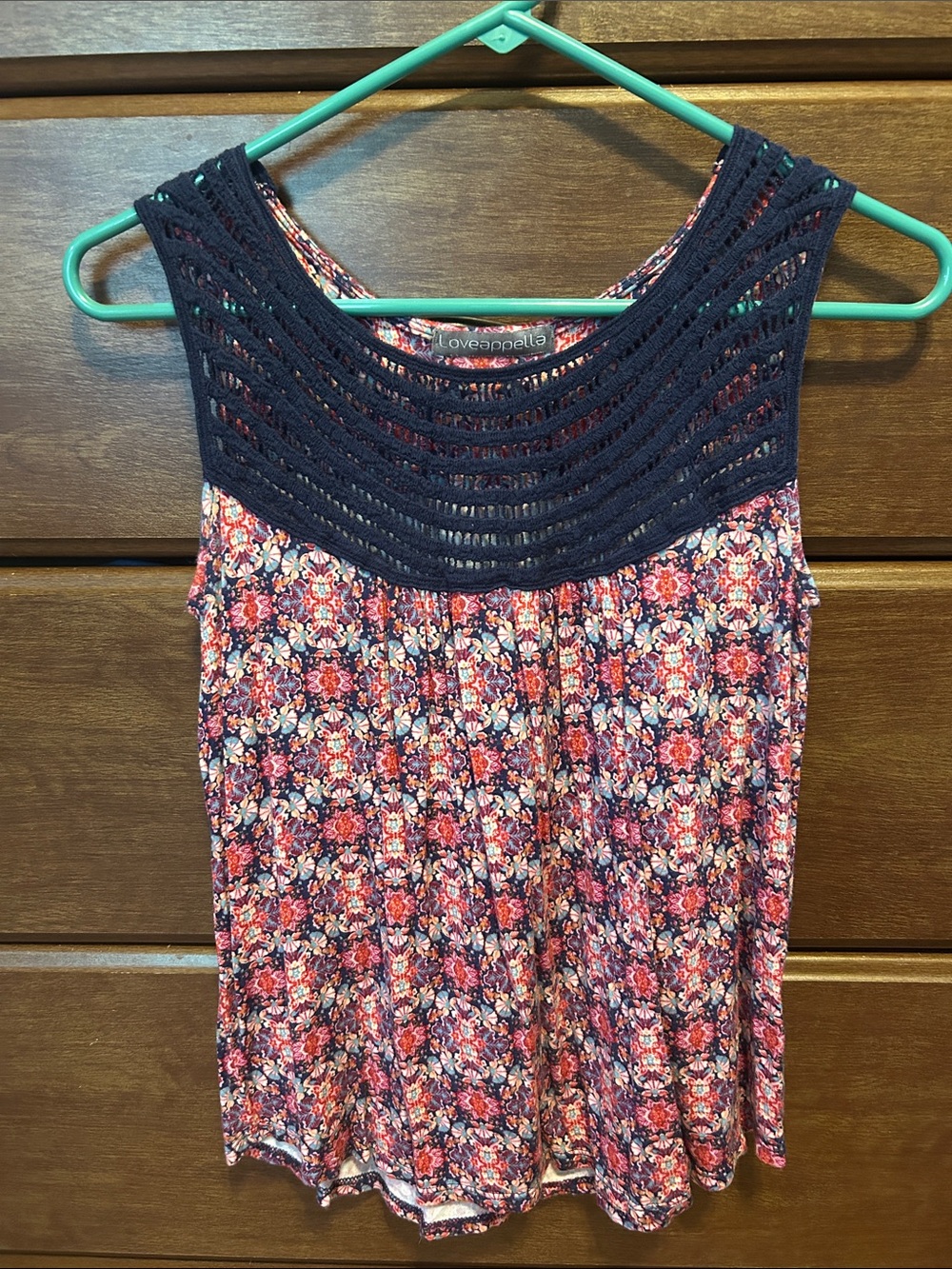 Loveappella Navy Crochet Yoke Floral Tank Top - Pink/Navy